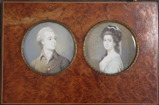 After George Romney Miniatures of a lady and gentleman, tondo, 3in. framed as one